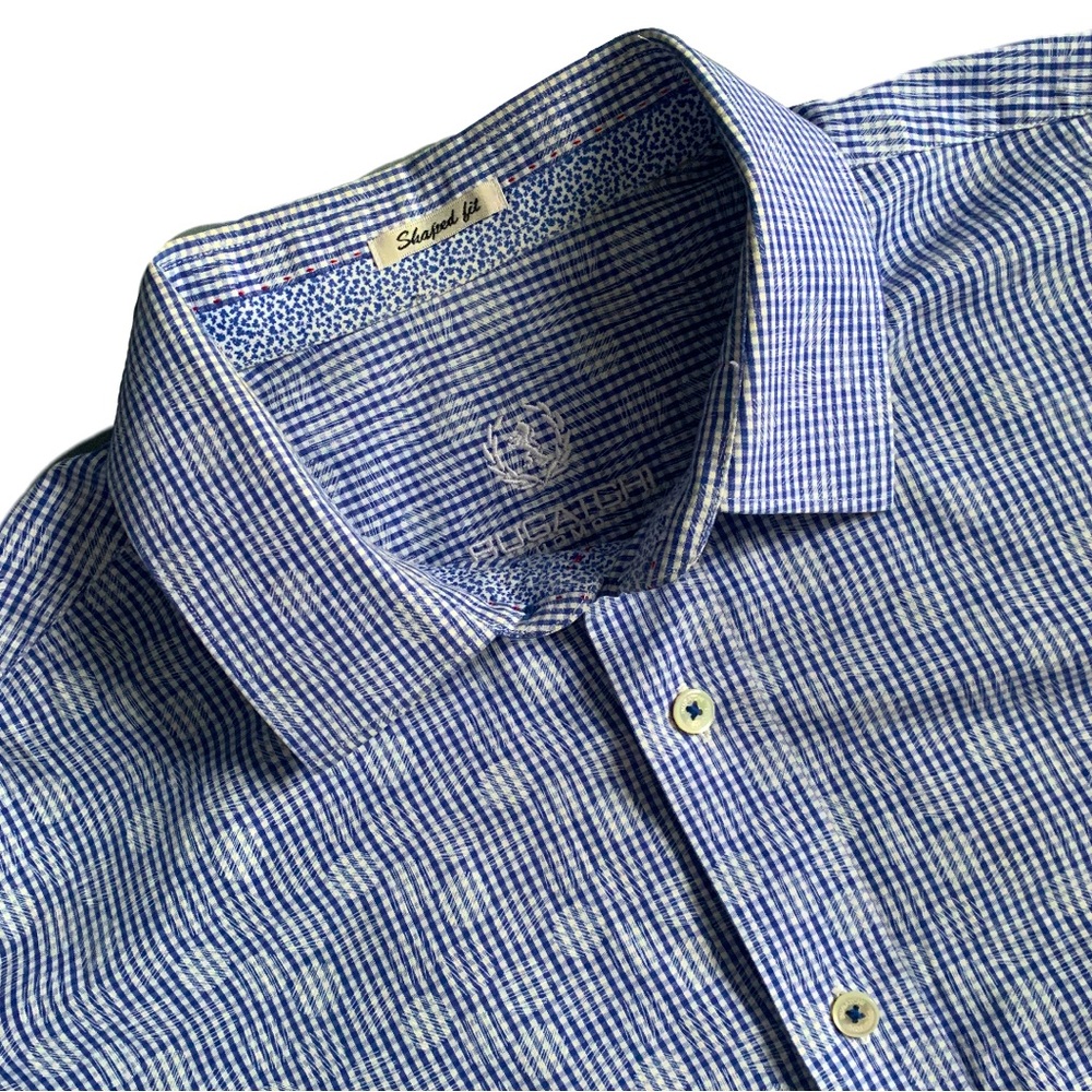 Bugatchi Checkered Geometric Shaped Fit Light Blue Dress Shirt Size XL